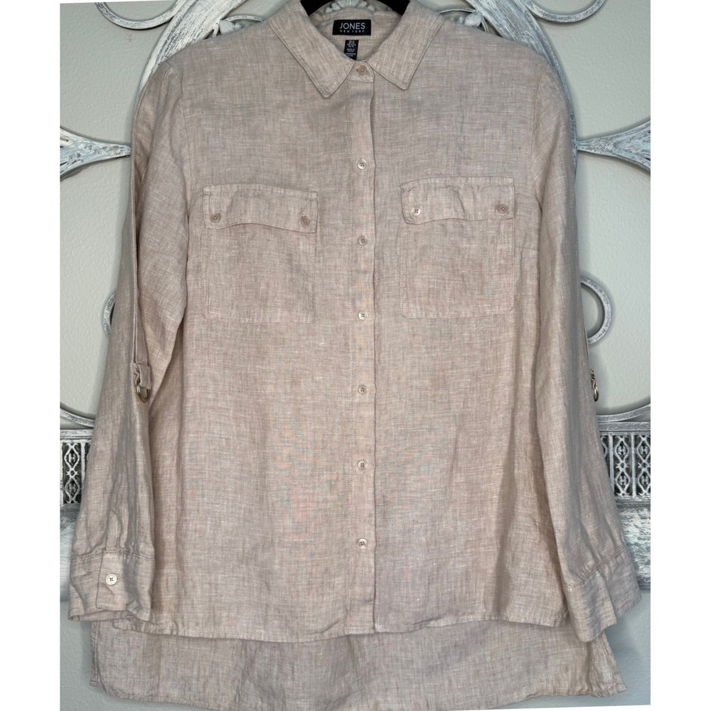 Jones New York Womens Tan 100% Linen Roll Tab Button‎ Down Shirt Medium Oatmeal